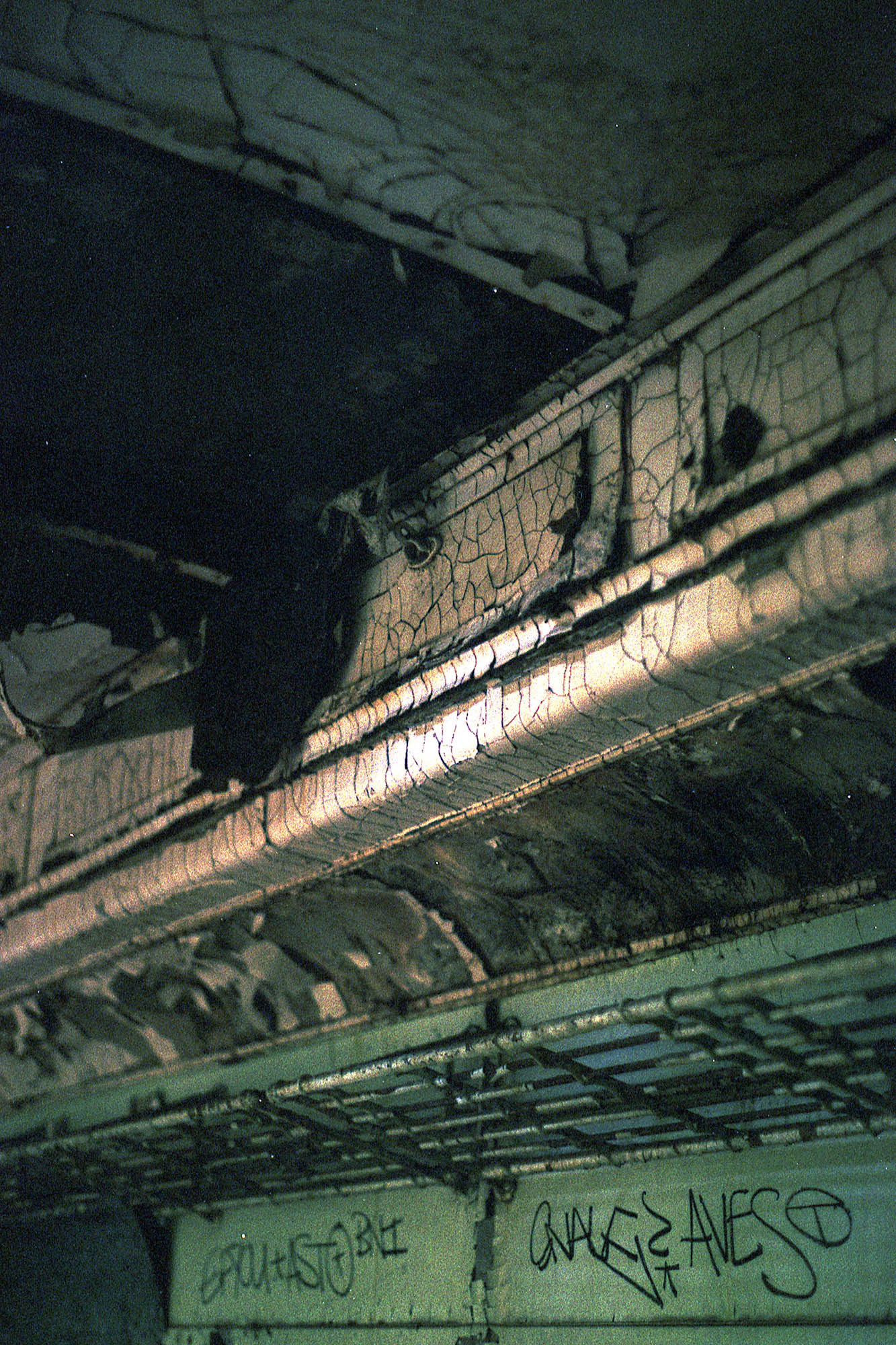 Flaking paint in an abandoned train car