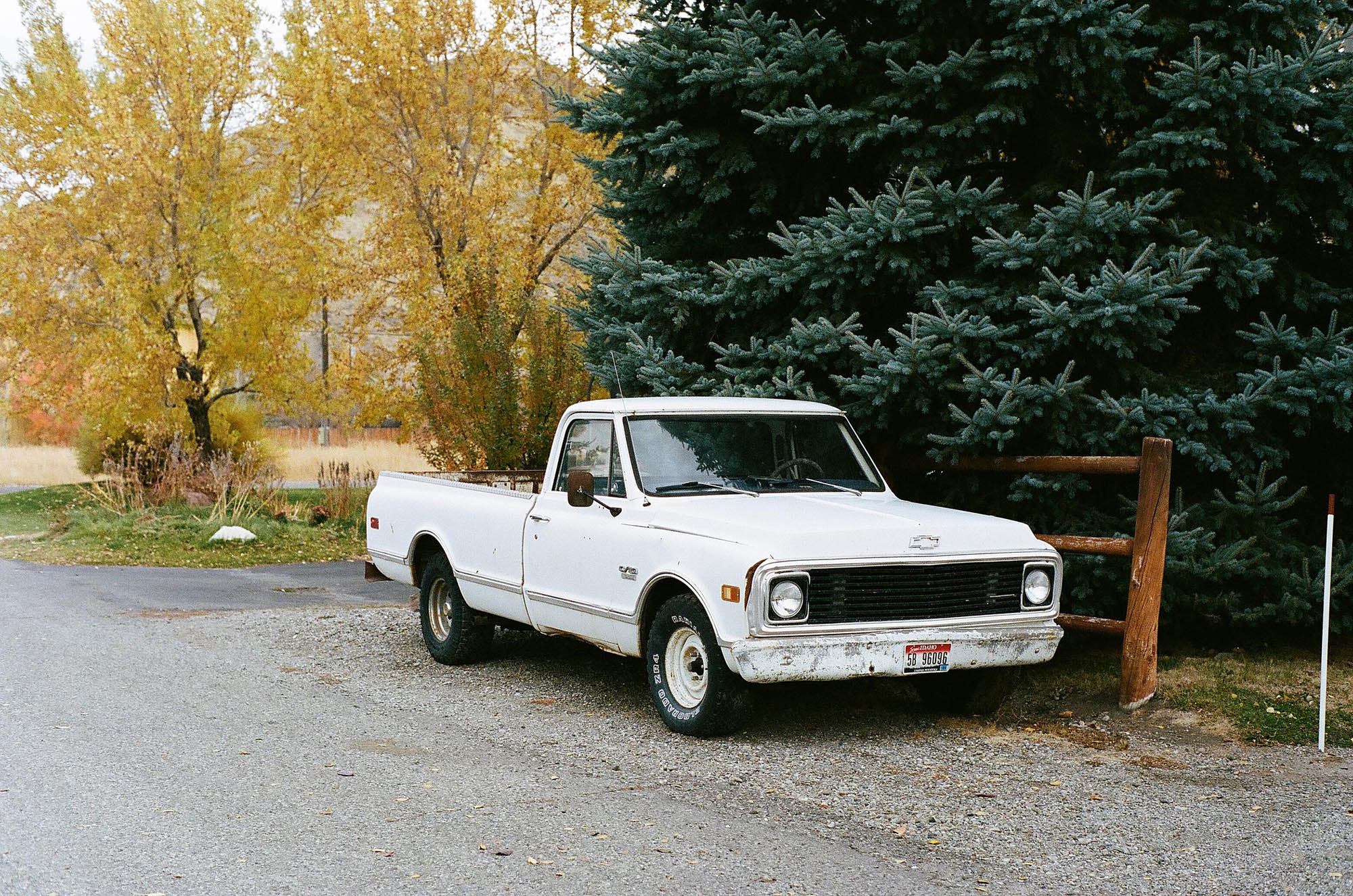 A white vintage pickup truck on a residential street