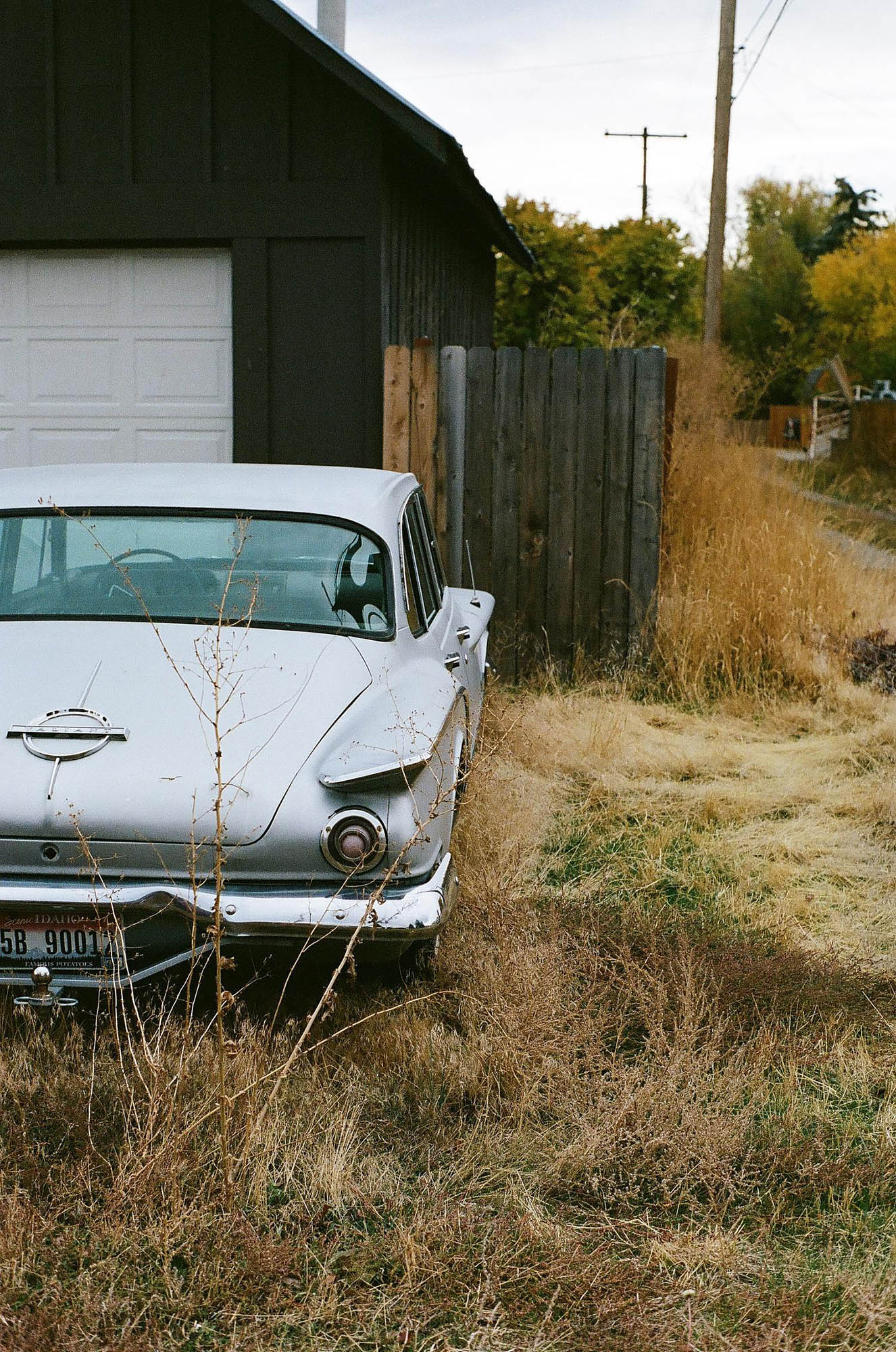 A silver 1960s Plymouth Valiant in an overgrown alley