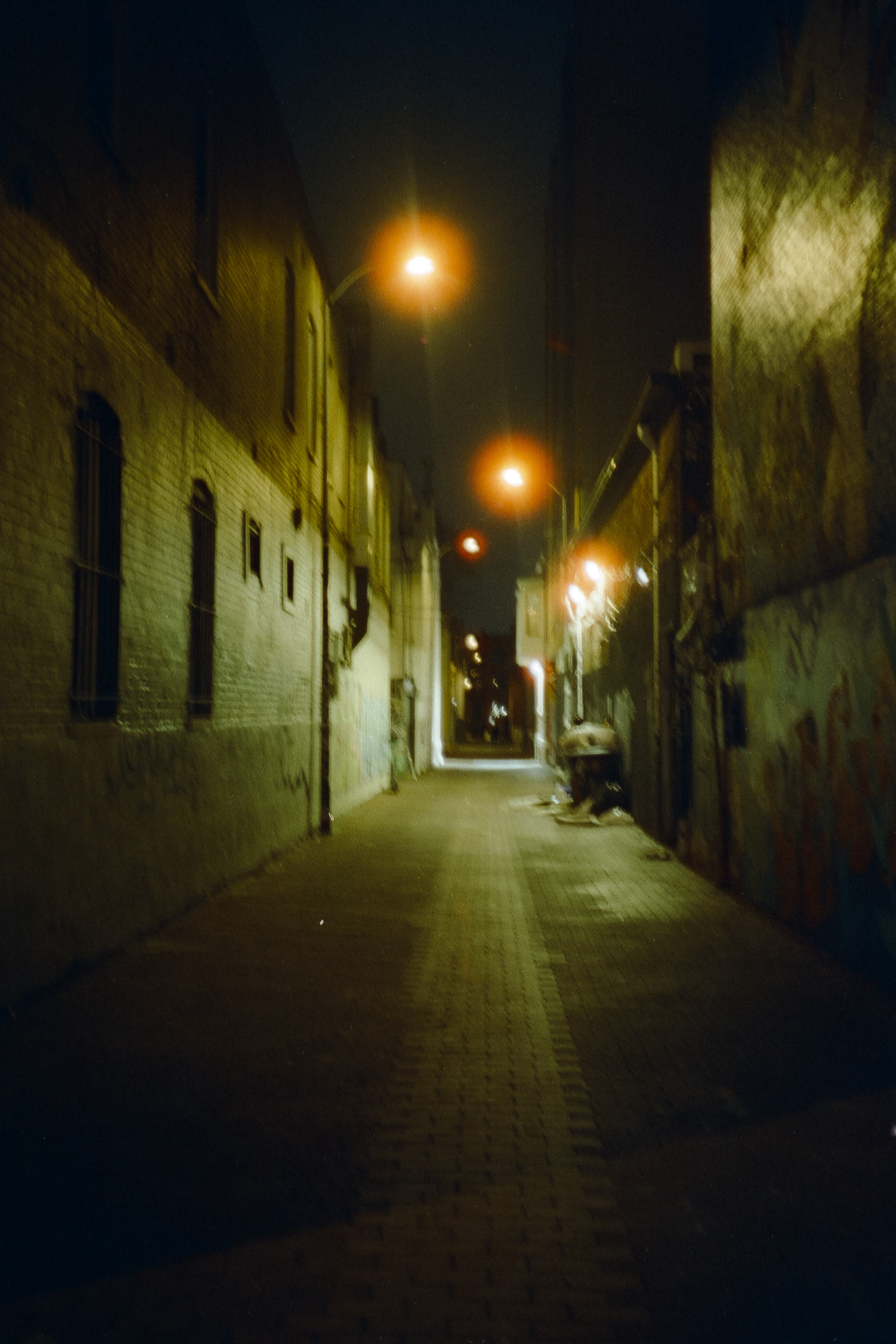 An alleyway at nighttime