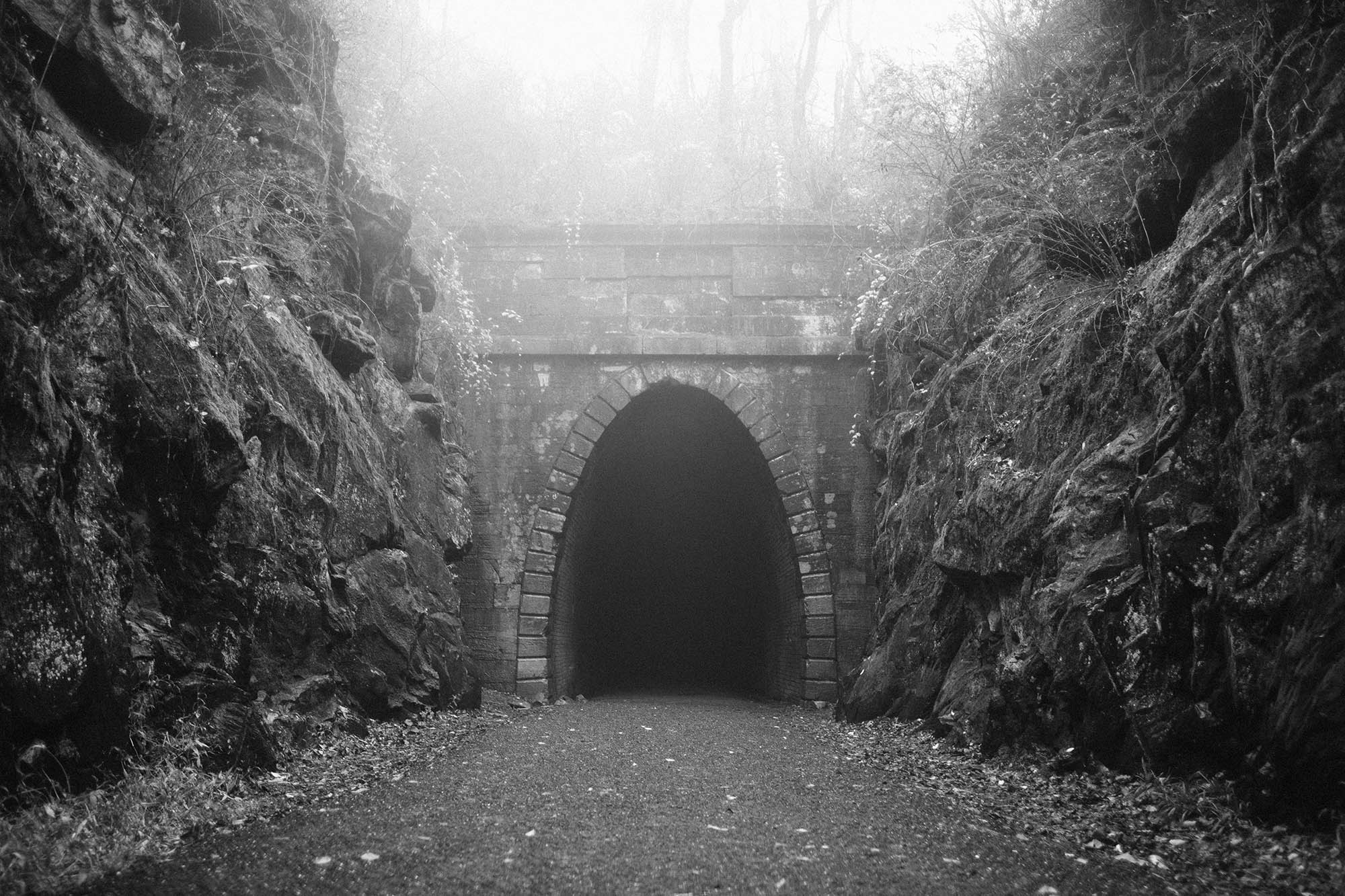 West entrance to the tunnel in the fog