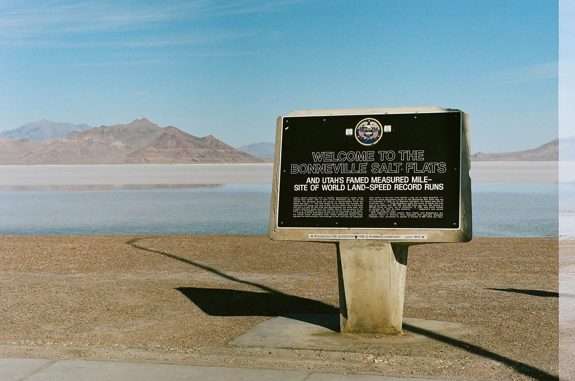 A roadside sign: Welcome to the Bonneville Salt Flats and Utah's Famed Measured Mile-site of World Land Speed Record Runs