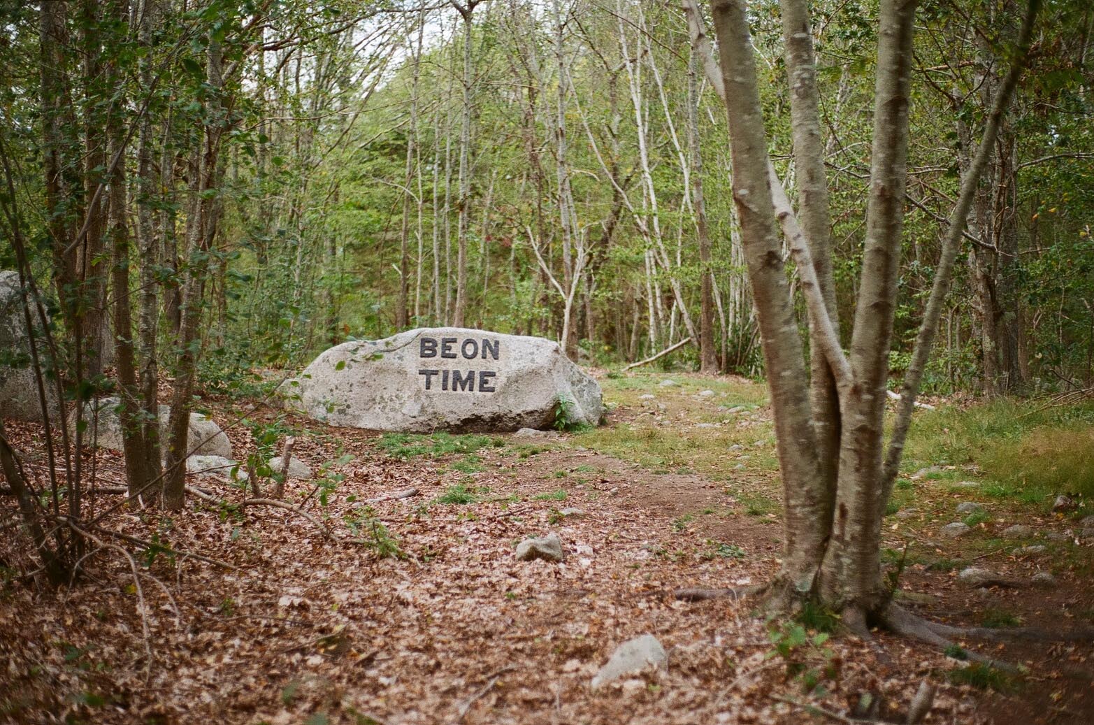 A boulder in the woods carved with the phrase: Be On Time