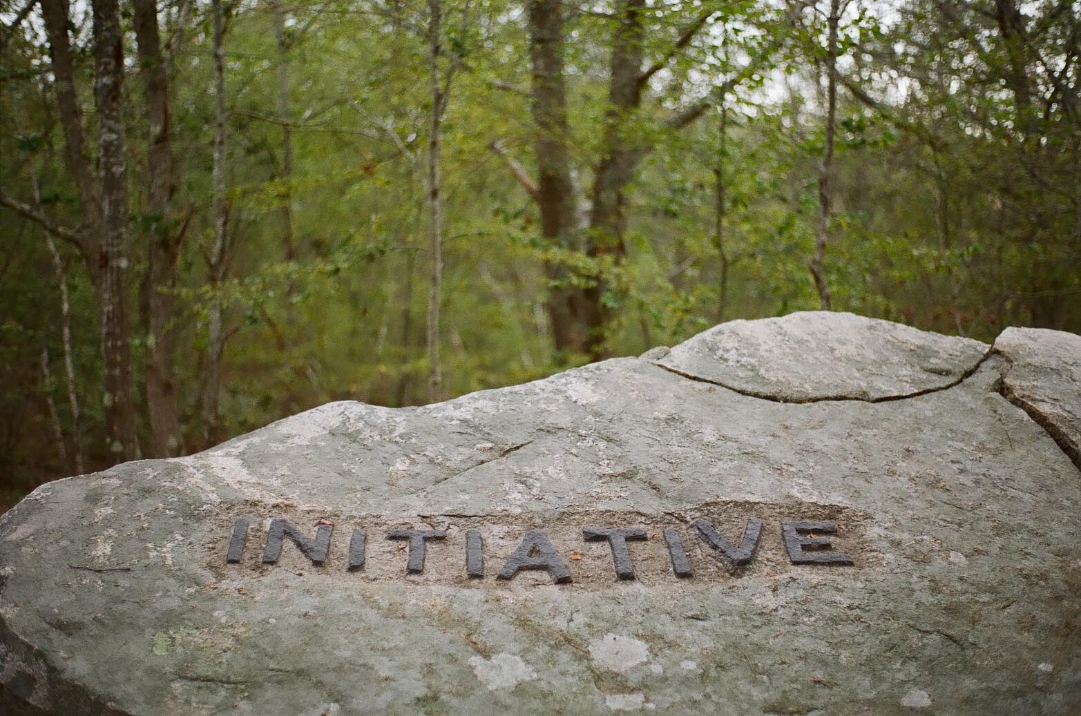 A boulder in the woods carved with the phrase: Initiative