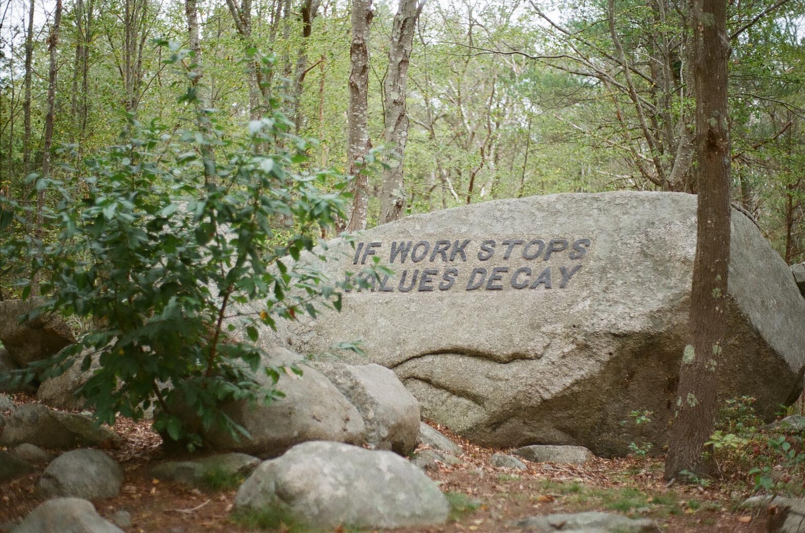 A boulder in the woods carved with the phrase: If Work Stops Values Decay