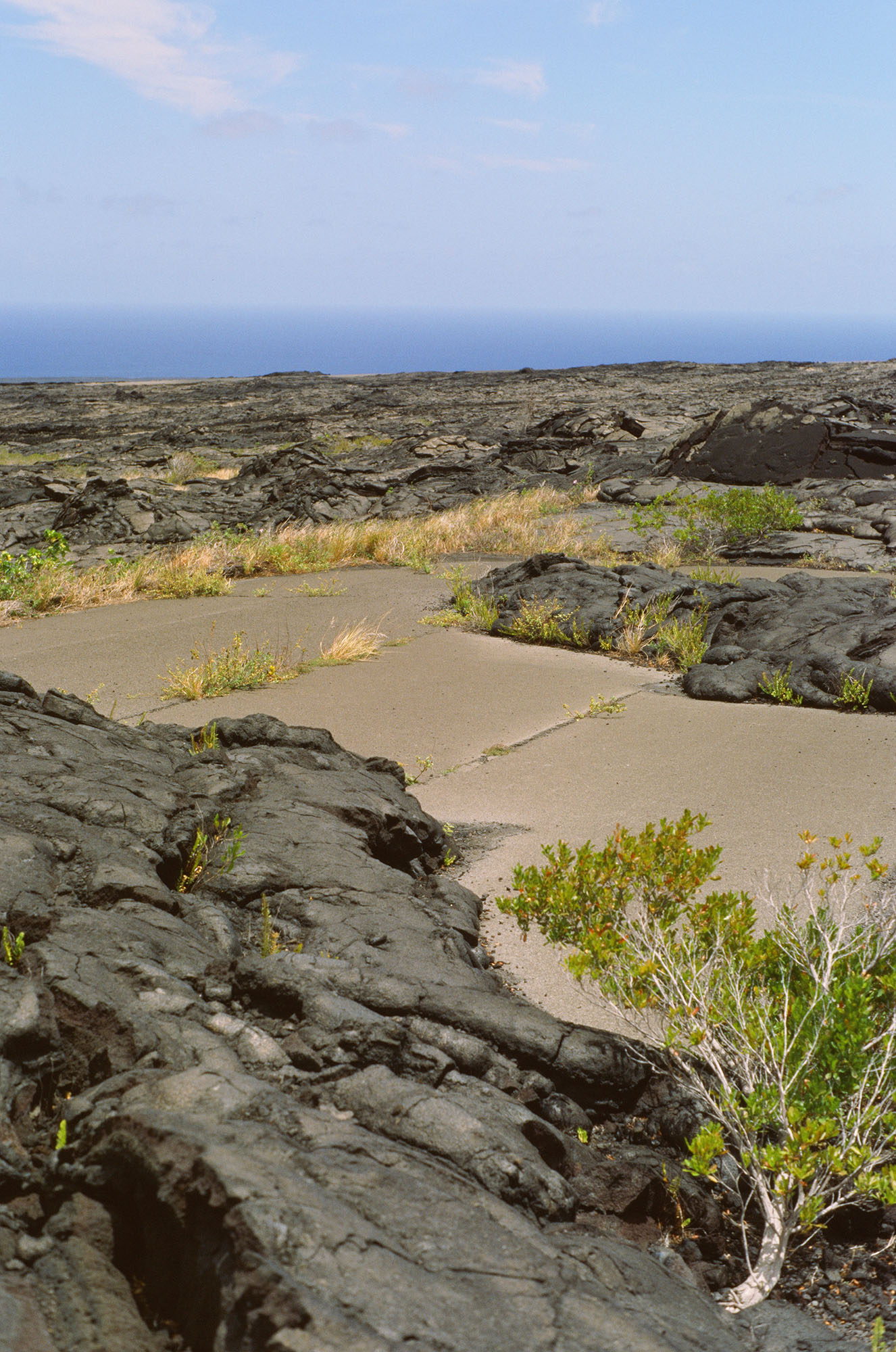 A road closed due to hardened lava flows