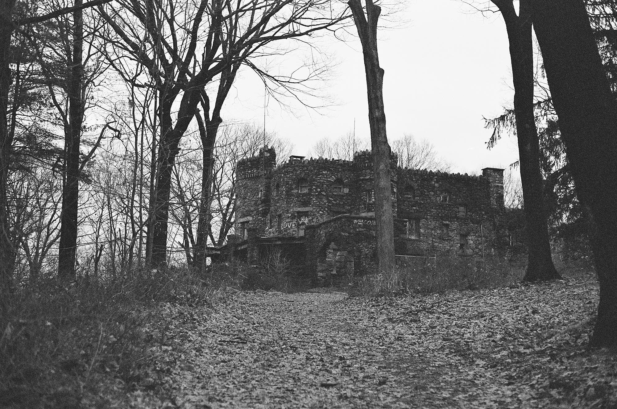 An abandoned stone castle in the woods