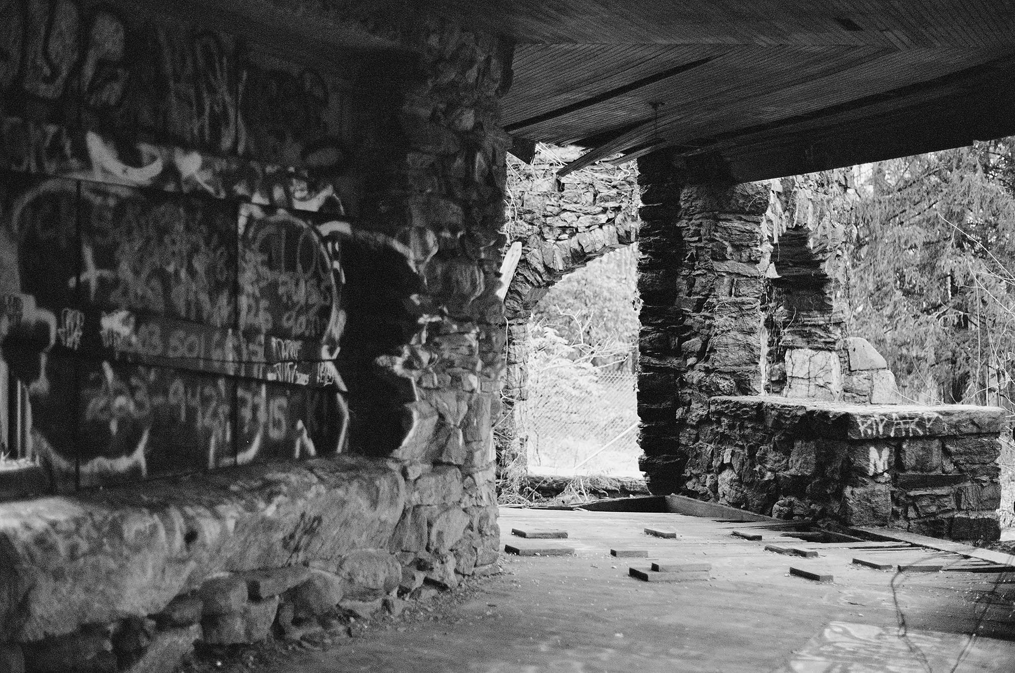 An abandoned stone castle in the woods