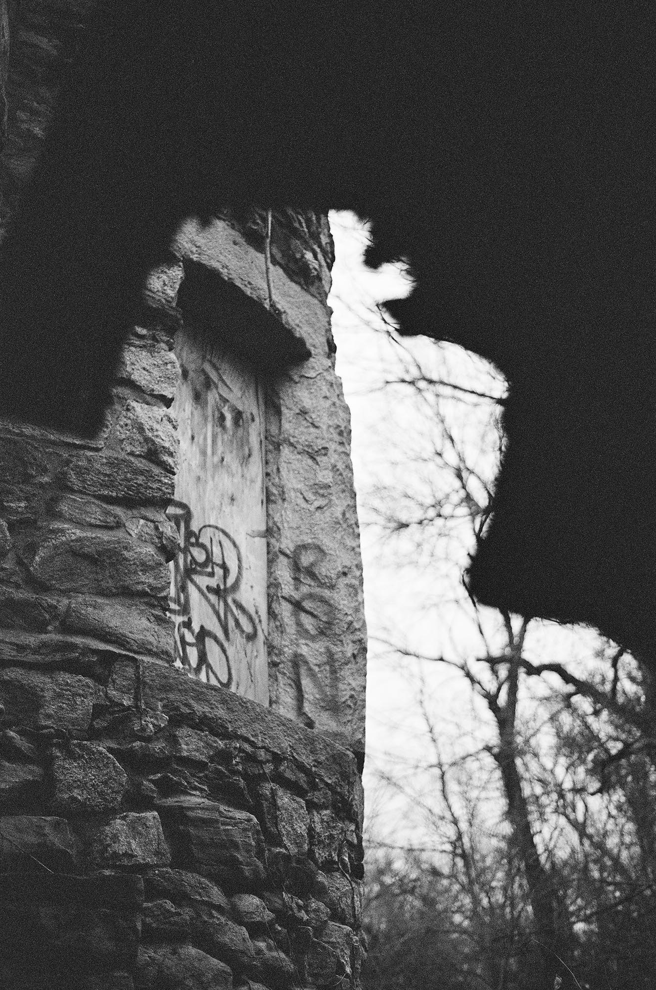 Details of an abandoned stone castle in the woods