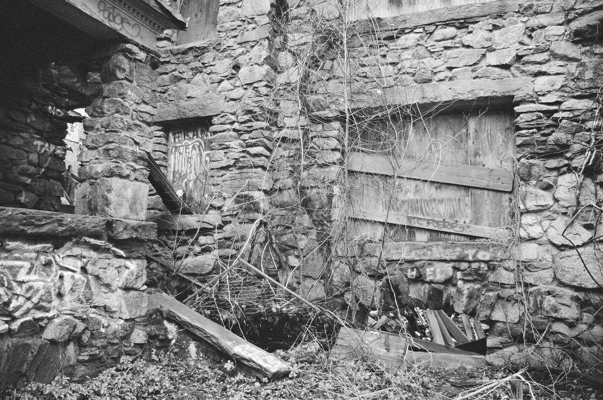 Details of an abandoned stone castle in the woods