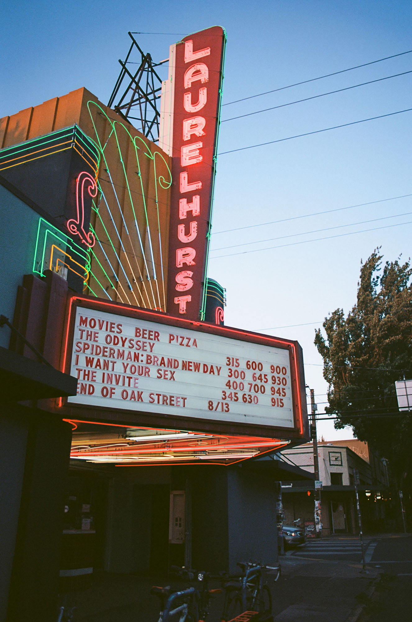 Neon marquis at a movie theater