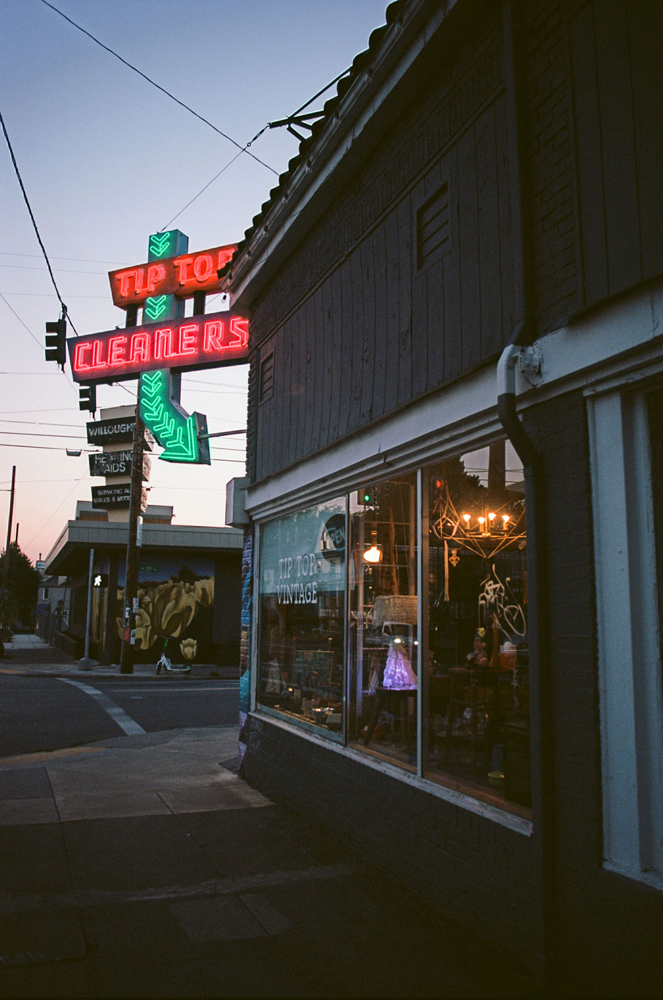 Storefront of an antique store in a converted cleaners