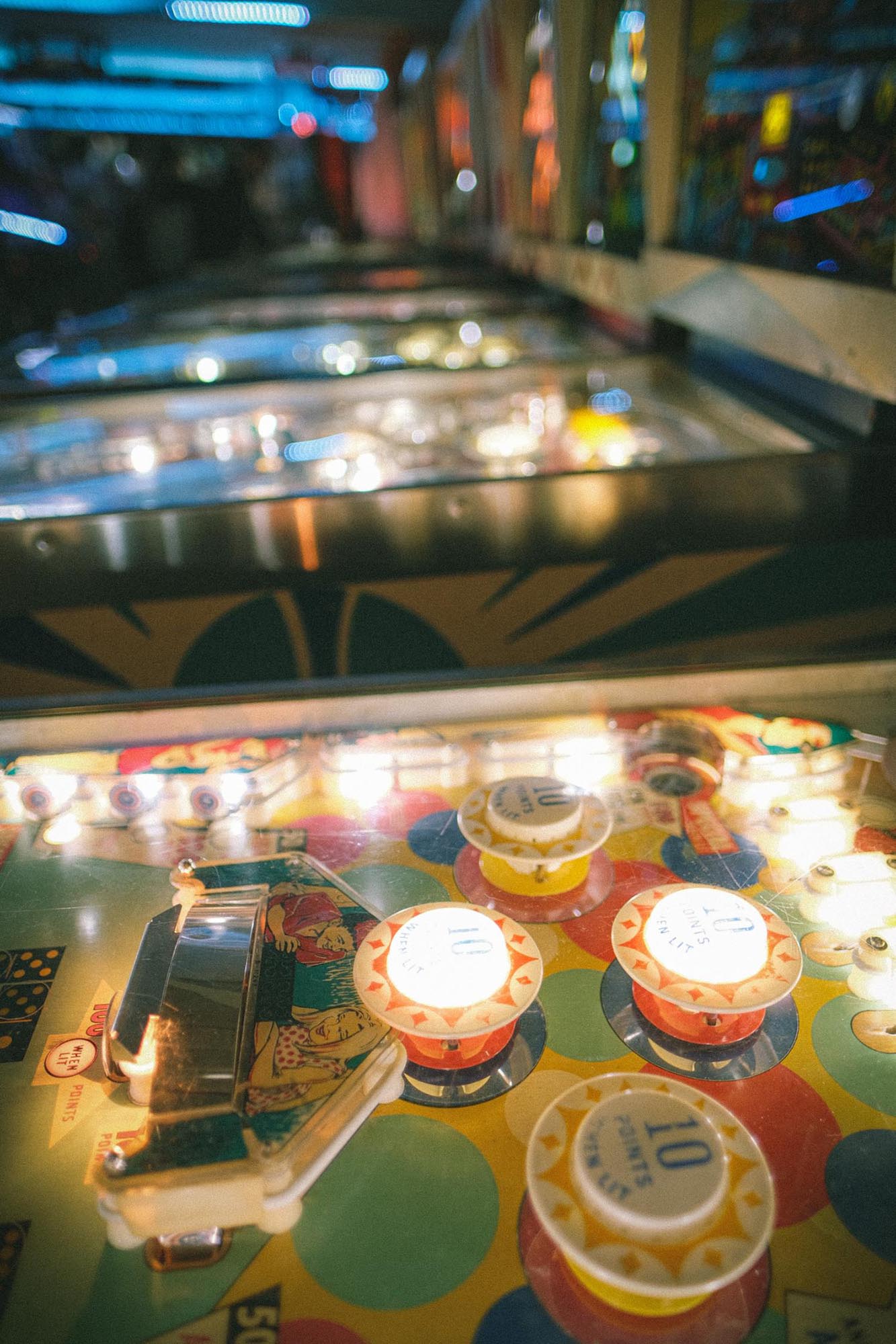 A close-up of the deck of a pinball machine