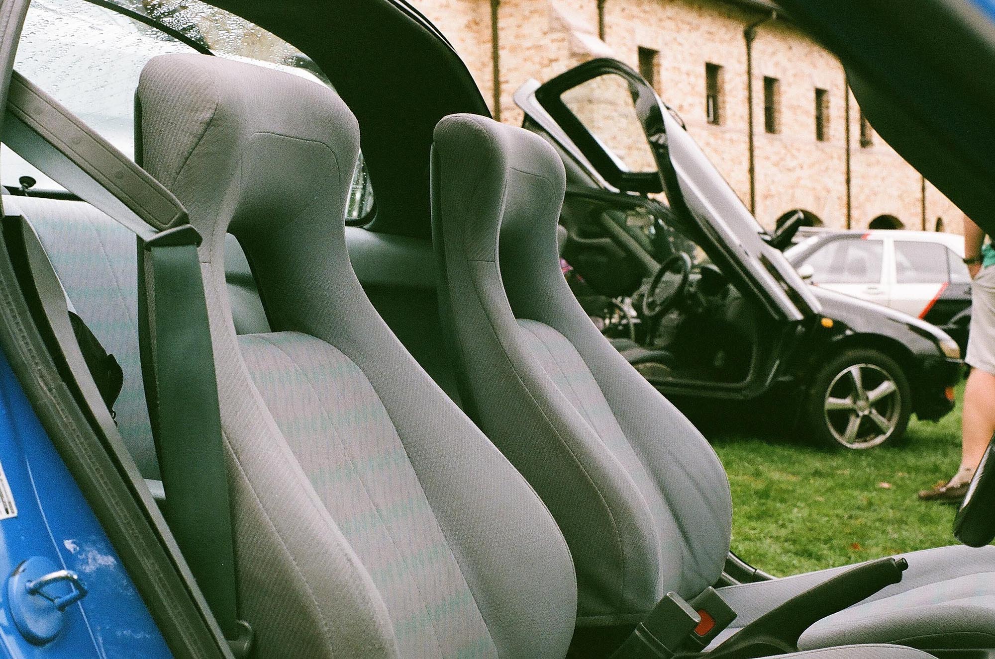 The interior of a Toyota Sera through the flip-up doors