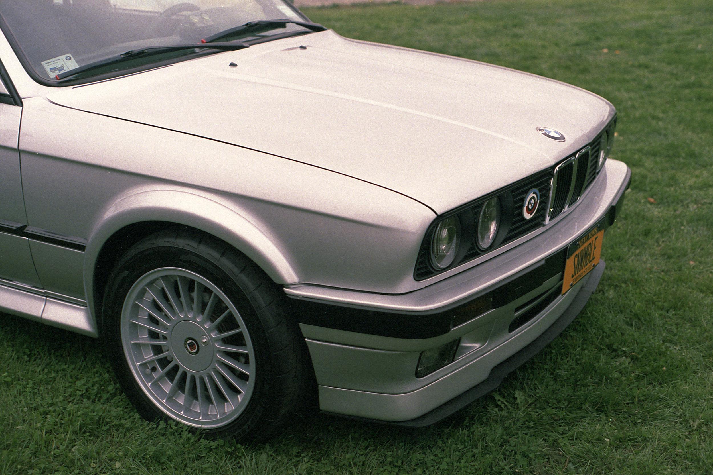 The front of a silver vintage Alpina BMW