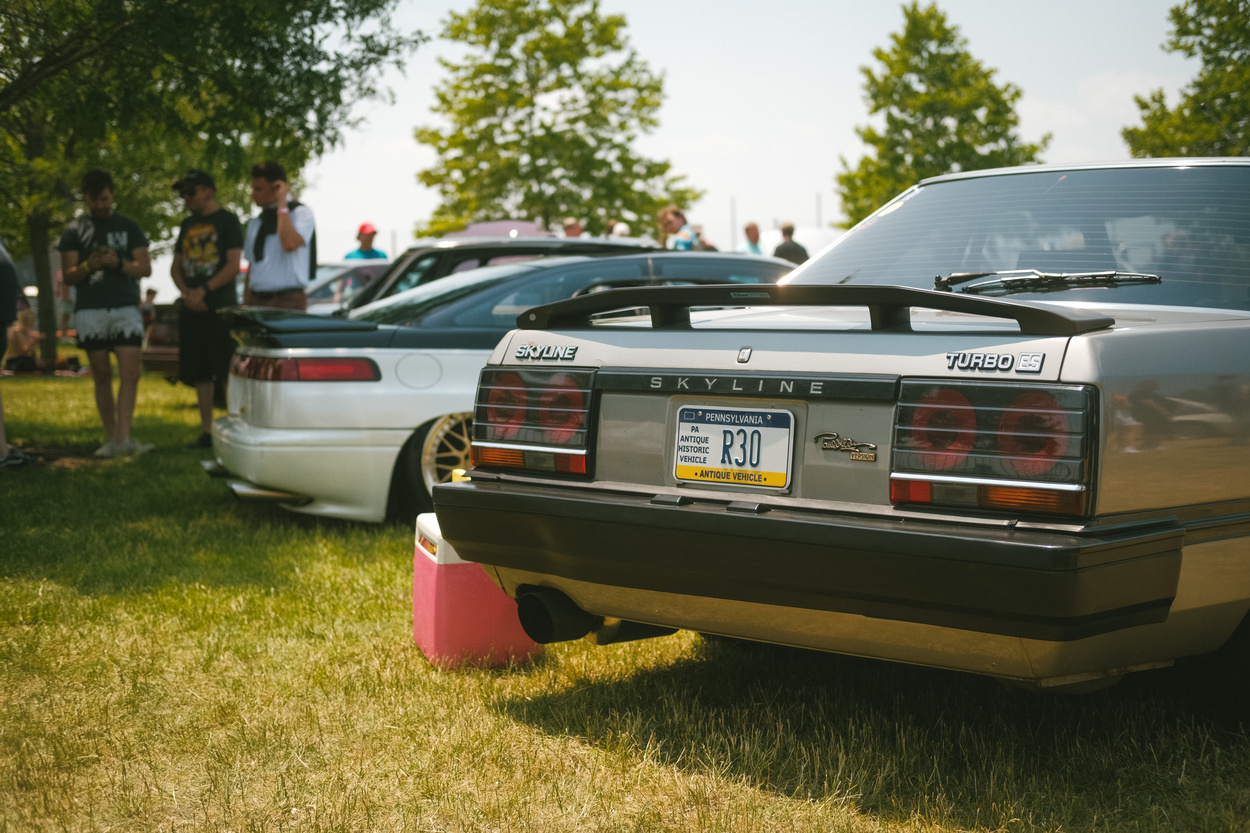 The rear of a gray Nissan Skyline Turbo