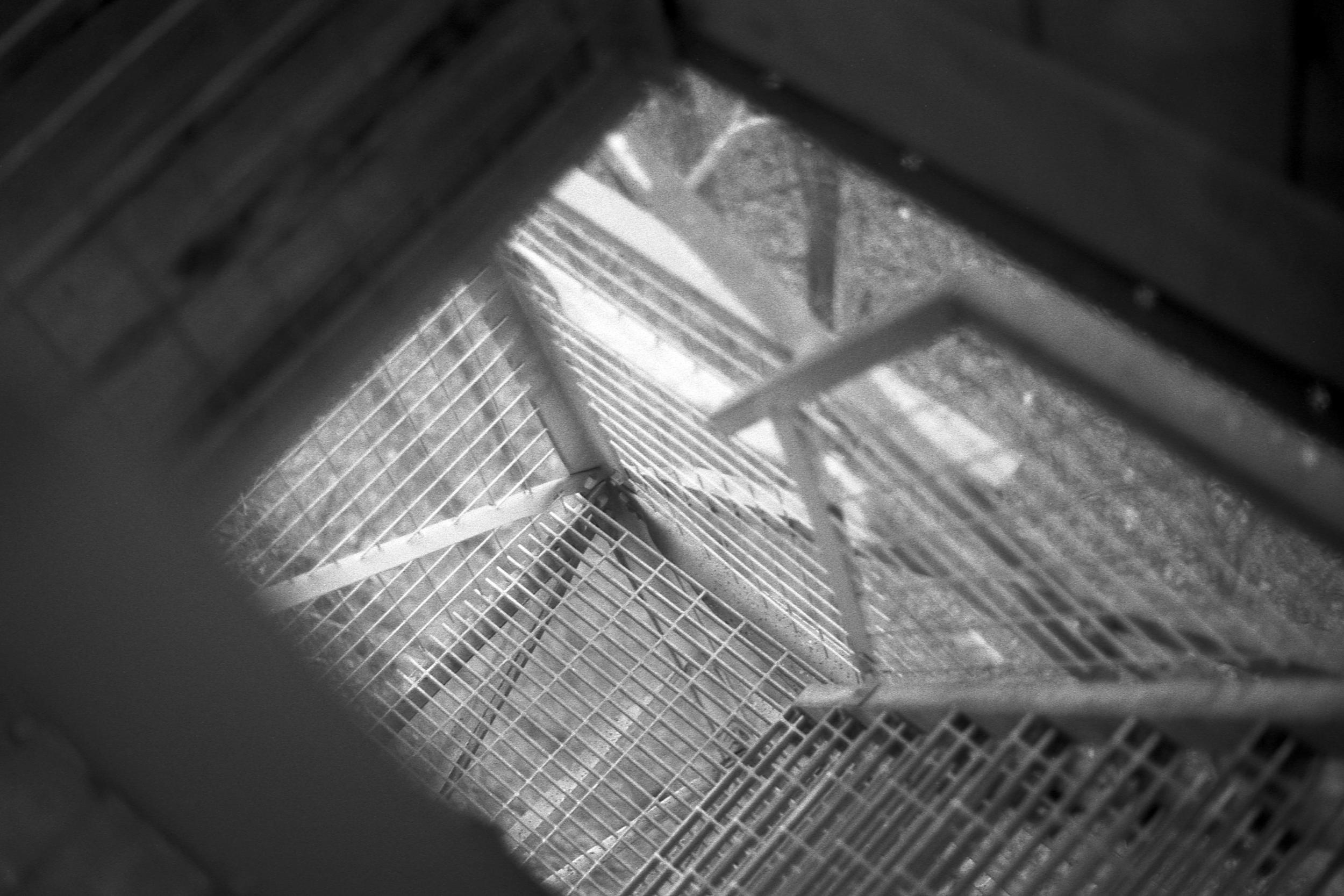 Looking down the metal stairs of the watchtower