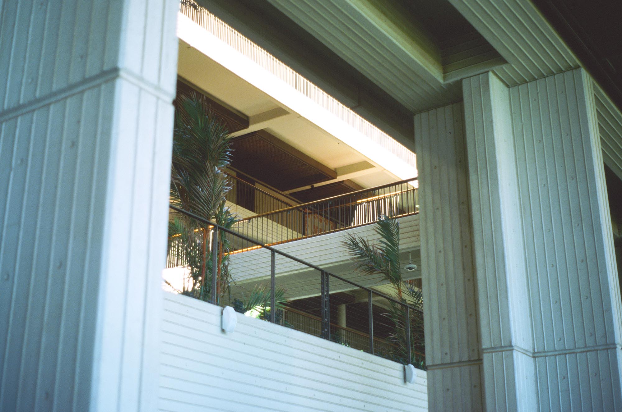 Looking up through concrete structure to the interior