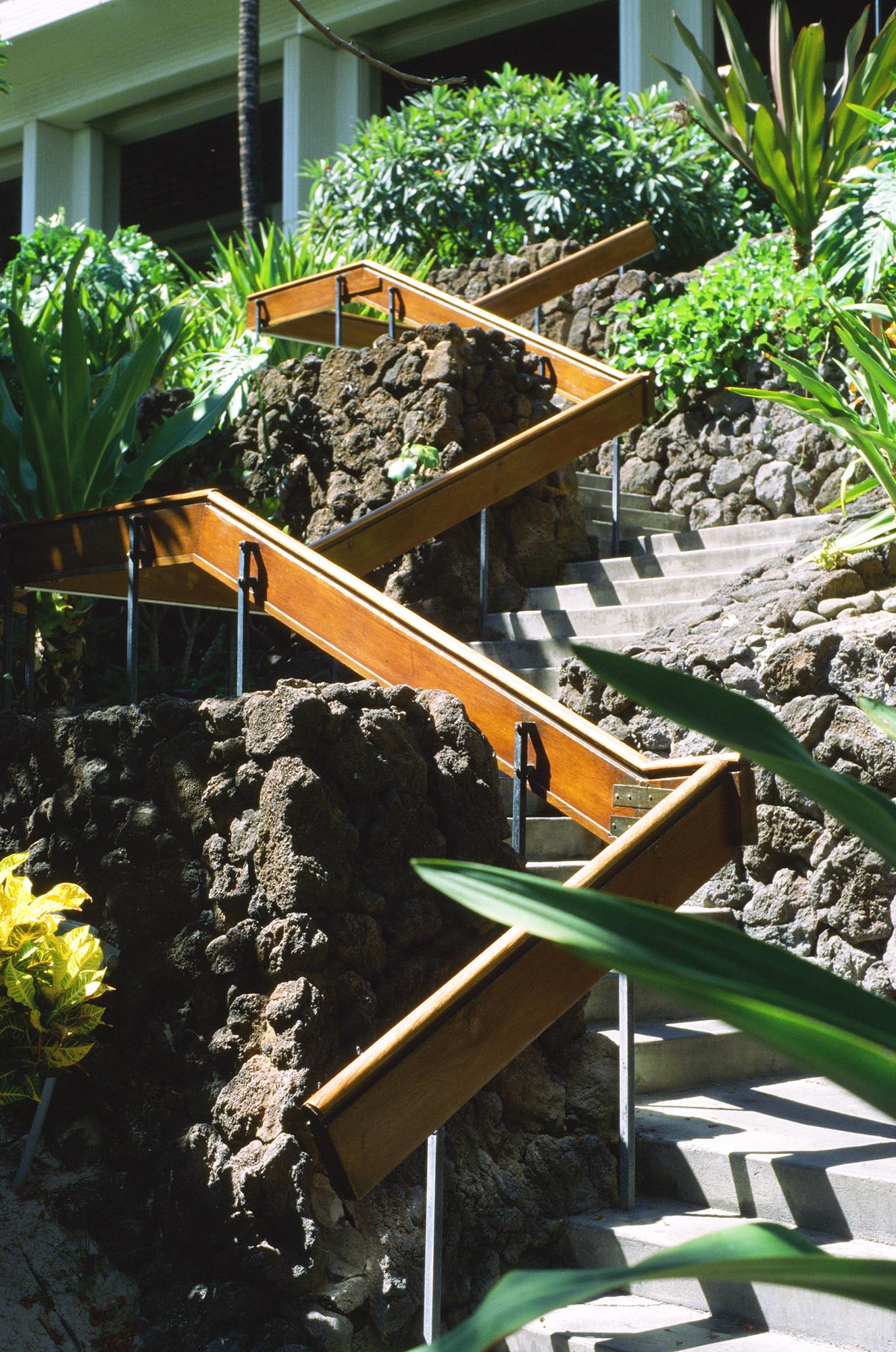 Exterior stairs and wooden railing