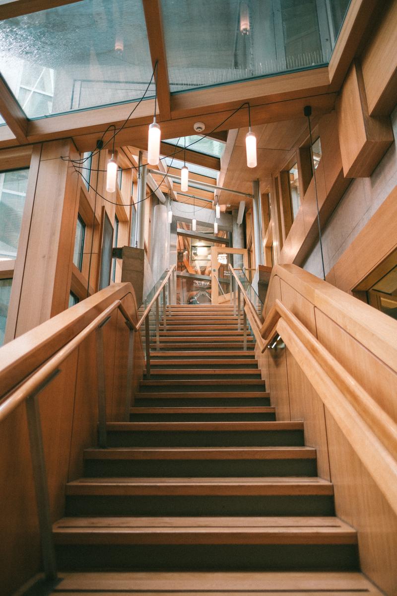 An interior staircase in the Scottish Parliament building