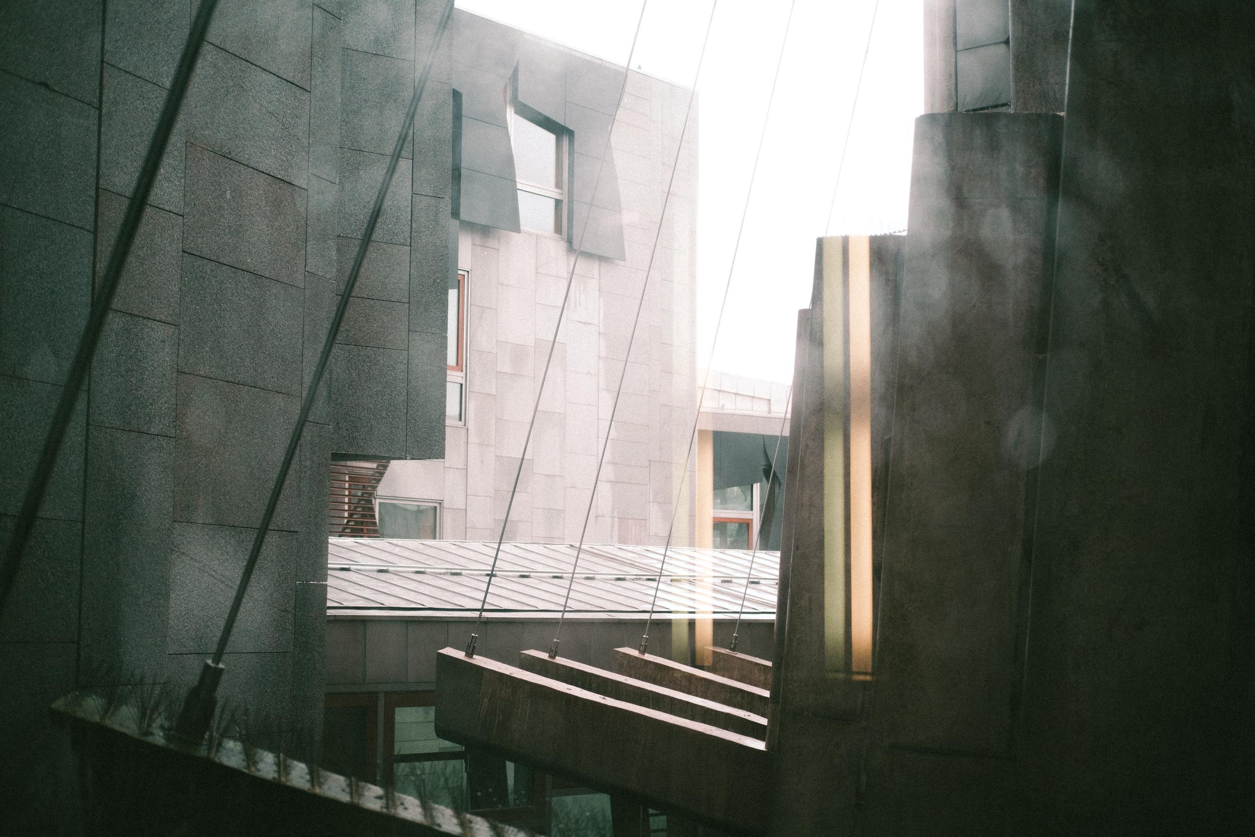 Looking at the interior courtyard at the Scottish Parliament building