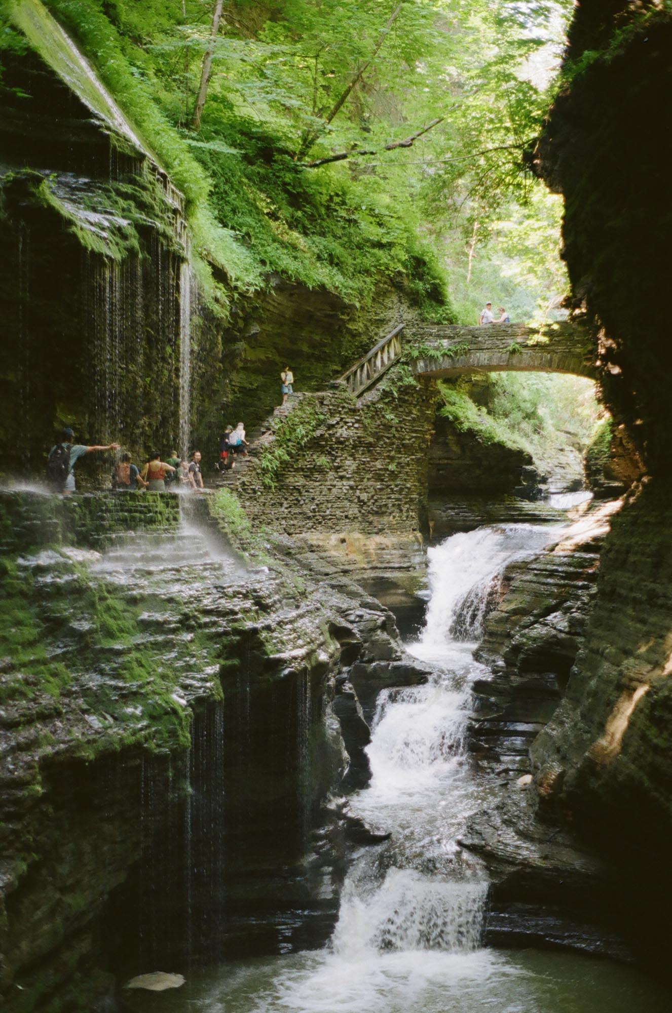 A group of people walking underneath a waterfall on the gorge trail