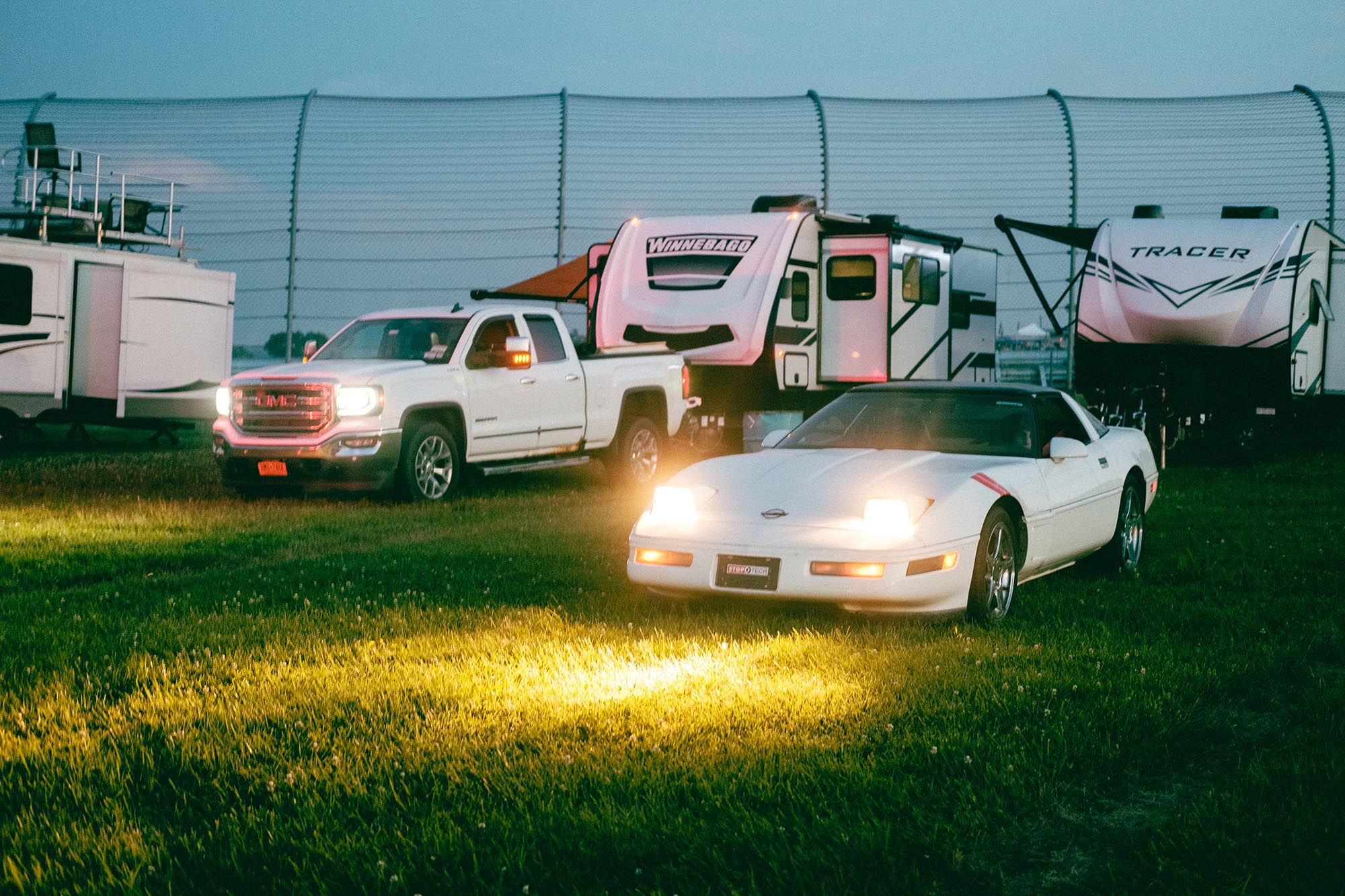 A C4 Corvette in the campground at night